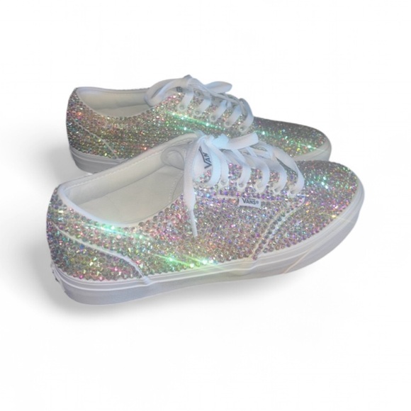 Crystal AB Iridescent White Lace Up Vans With Ribbon Laces All Sizes - Picture 3 of 8